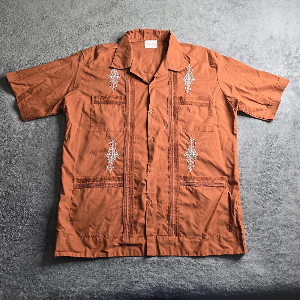 Guyabera Abdala Yucatan Mexico Short Sleeve Shirt Mens size 40 Orange